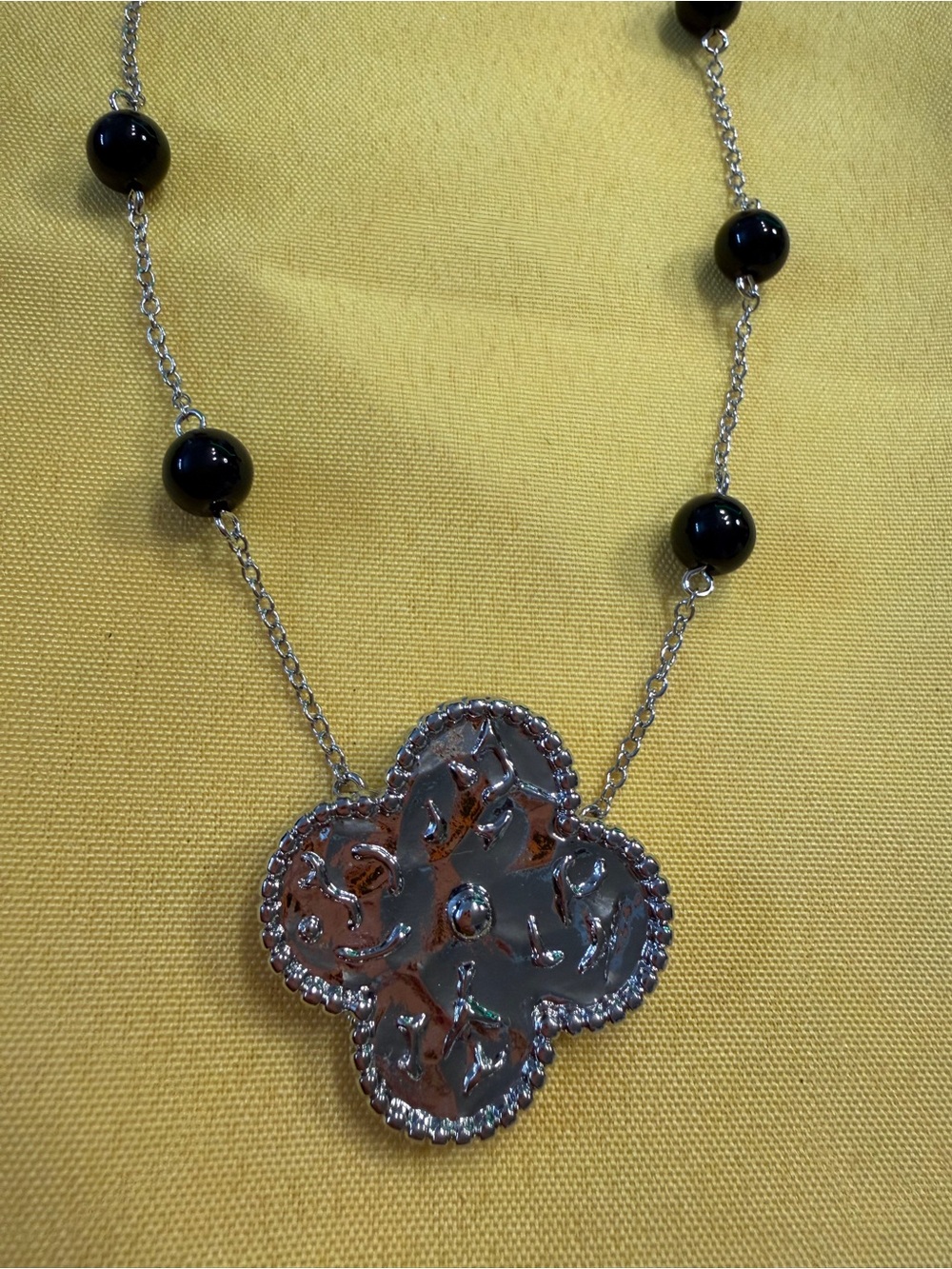 Park Lane Silver Black Beaded Quatrefoil Necklace New